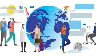 A globe showing a variety of people working together across different countries