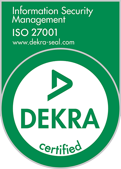 DEKRA Certified ISO 27001 Badge with a green background